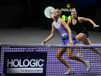 RIYADH, SAUDI ARABIA - NOVEMBER 08: Gabriela Dabrowski (R) of Canada and Erin Routliffe (L) of New Zealand during their semi-final match aga...