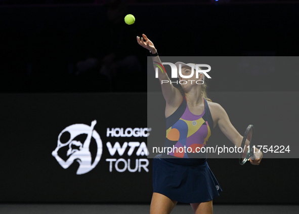 RIYADH, SAUDI ARABIA - NOVEMBER 08: Ellen Perez of Australia (pictured) playing with Nicole Melichar-Martinez of USA during their semi-final...