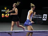 RIYADH, SAUDI ARABIA - NOVEMBER 08: Gabriela Dabrowski (L) of Canada and Erin Routliffe (R) of New Zealand during their semi-final match aga...