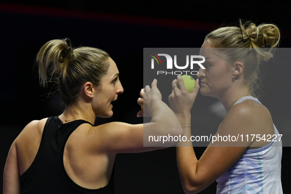 RIYADH, SAUDI ARABIA - NOVEMBER 08: Gabriela Dabrowski (L) of Canada and Erin Routliffe (R) of New Zealand during their semi-final match aga...