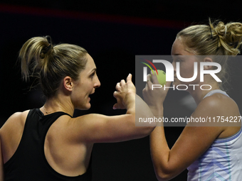 RIYADH, SAUDI ARABIA - NOVEMBER 08: Gabriela Dabrowski (L) of Canada and Erin Routliffe (R) of New Zealand during their semi-final match aga...