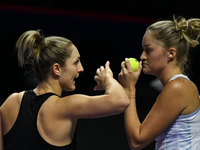 RIYADH, SAUDI ARABIA - NOVEMBER 08: Gabriela Dabrowski (L) of Canada and Erin Routliffe (R) of New Zealand during their semi-final match aga...