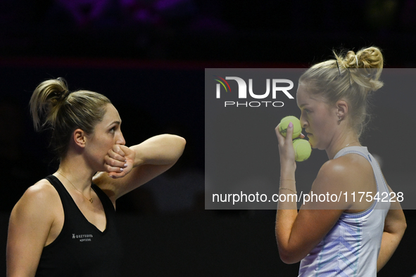 RIYADH, SAUDI ARABIA - NOVEMBER 08: Gabriela Dabrowski (L) of Canada and Erin Routliffe (R) of New Zealand during their semi-final match aga...