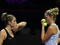 RIYADH, SAUDI ARABIA - NOVEMBER 08: Gabriela Dabrowski (L) of Canada and Erin Routliffe (R) of New Zealand during their semi-final match aga...