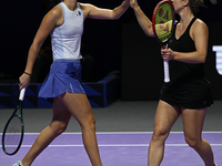 RIYADH, SAUDI ARABIA - NOVEMBER 08: Gabriela Dabrowski (R) of Canada and Erin Routliffe (L) of New Zealand during their semi-final match aga...