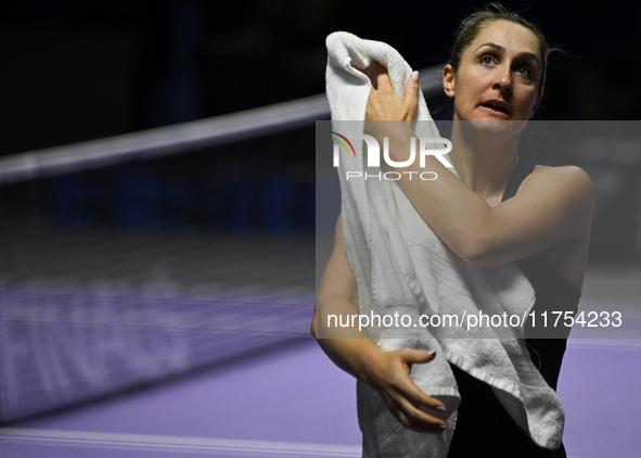 RIYADH, SAUDI ARABIA - NOVEMBER 08: Gabriela Dabrowski (pictured) of Canada and Erin Routliffe of New Zealand during their semi-final match...