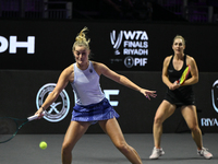 RIYADH, SAUDI ARABIA - NOVEMBER 08: Gabriela Dabrowski (R) of Canada and Erin Routliffe (L) of New Zealand during their semi-final match aga...