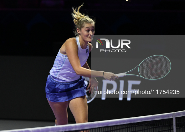 RIYADH, SAUDI ARABIA - NOVEMBER 08: Erin Routliffe (pictured) of New Zealand playing with Gabriela Dabrowski of Canada during their semi-fin...