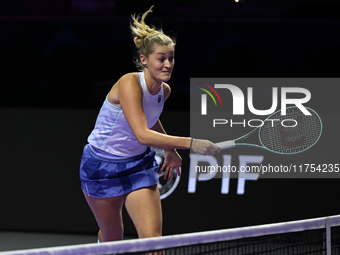 RIYADH, SAUDI ARABIA - NOVEMBER 08: Erin Routliffe (pictured) of New Zealand playing with Gabriela Dabrowski of Canada during their semi-fin...