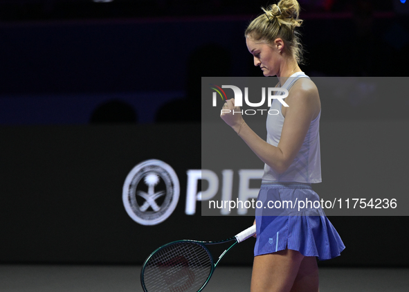 RIYADH, SAUDI ARABIA - NOVEMBER 08: Erin Routliffe (pictured) of New Zealand playing with Gabriela Dabrowski of Canada during their semi-fin...