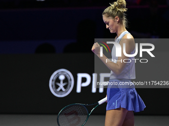 RIYADH, SAUDI ARABIA - NOVEMBER 08: Erin Routliffe (pictured) of New Zealand playing with Gabriela Dabrowski of Canada during their semi-fin...