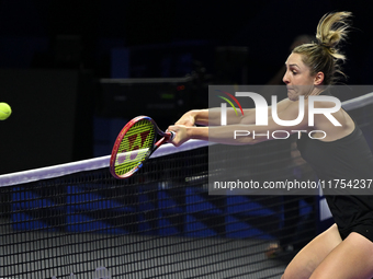 RIYADH, SAUDI ARABIA - NOVEMBER 08: Gabriela Dabrowski (pictured) of Canada playing with Erin Routliffe of New Zealand during their semi-fin...