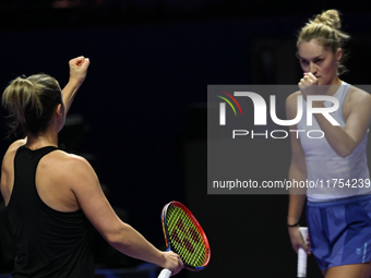 RIYADH, SAUDI ARABIA - NOVEMBER 08: Gabriela Dabrowski (L) of Canada playing with Erin Routliffe (R) of New Zealand during their semi-final...