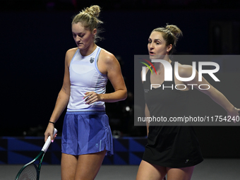 RIYADH, SAUDI ARABIA - NOVEMBER 08: Gabriela Dabrowski (R) of Canada playing with Erin Routliffe (L) of New Zealand during their semi-final...