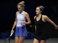 RIYADH, SAUDI ARABIA - NOVEMBER 08: Gabriela Dabrowski (R) of Canada playing with Erin Routliffe (L) of New Zealand during their semi-final...