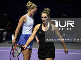 RIYADH, SAUDI ARABIA - NOVEMBER 08: Gabriela Dabrowski (R) of Canada playing with Erin Routliffe (L) of New Zealand during their semi-final...