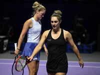 RIYADH, SAUDI ARABIA - NOVEMBER 08: Gabriela Dabrowski (R) of Canada playing with Erin Routliffe (L) of New Zealand during their semi-final...