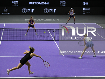 RIYADH, SAUDI ARABIA - NOVEMBER 08: Gabriela Dabrowski (R) of Canada playing with Erin Routliffe (L) of New Zealand during their semi-final...