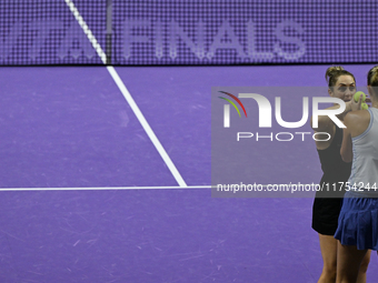 RIYADH, SAUDI ARABIA - NOVEMBER 08: Gabriela Dabrowski (L) of Canada playing with Erin Routliffe (R) of New Zealand during their semi-final...