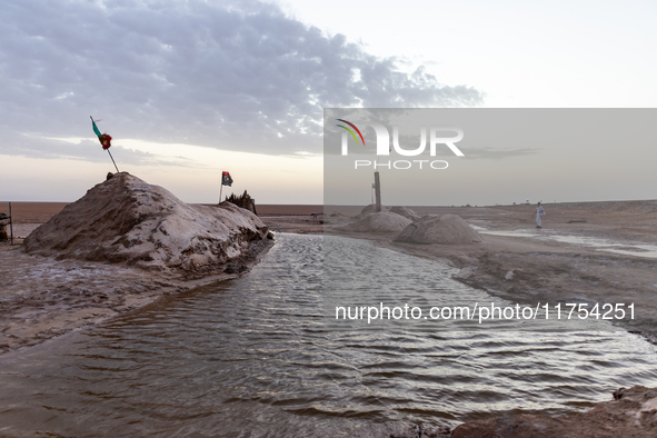 Salty water is seen as sun rises over Chott el Djerid salt lake in eastern Sahara, Tunisia on October 29, 2024. Chott el Djerid is the bigge...