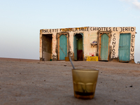 Public toilets are seen as sun rises over Chott el Djerid salt lake in eastern Sahara, Tunisia on October 29, 2024. Chott el Djerid is the b...