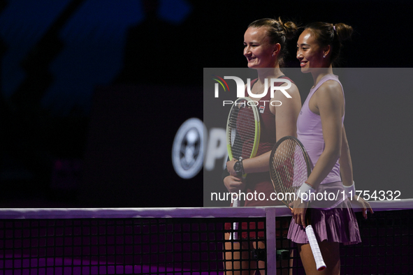 RIYADH, SAUDI ARABIA - NOVEMBER 08: Barbora Krejcikova (L) of Czech Republic and Qinwen Zheng of China (R) before their semi-final match, on...