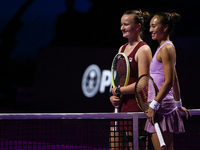 RIYADH, SAUDI ARABIA - NOVEMBER 08: Barbora Krejcikova (L) of Czech Republic and Qinwen Zheng of China (R) before their semi-final match, on...