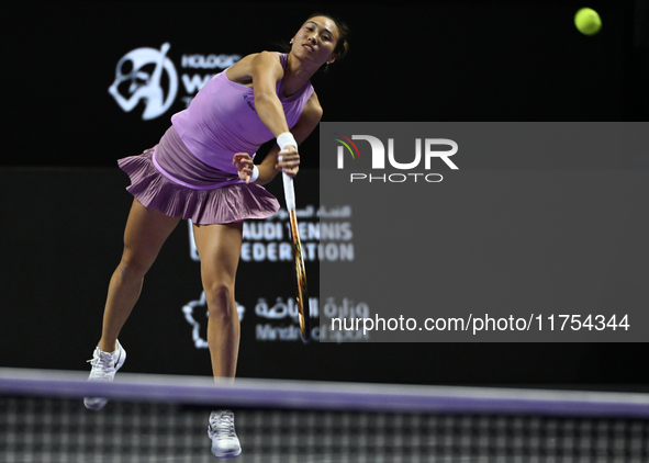 RIYADH, SAUDI ARABIA - NOVEMBER 08: Qinwen Zheng of China during her semi-final match against Barbora Krejcikova of Czech Republic, on Day 7...