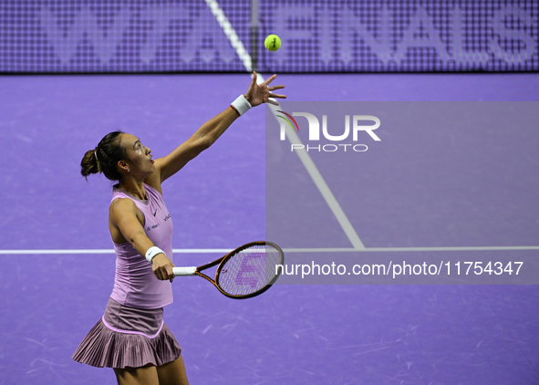 RIYADH, SAUDI ARABIA - NOVEMBER 08: Qinwen Zheng of China during her semi-final match against Barbora Krejcikova of Czech Republic, on Day 7...