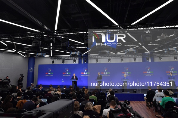 A joint press conference is held by Ursula Von Der Leyen, President of the European Commission, Charles Michel, President of the European Co...