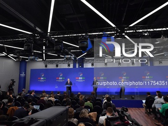 A joint press conference is held by Ursula Von Der Leyen, President of the European Commission, Charles Michel, President of the European Co...