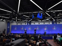 A joint press conference is held by Ursula Von Der Leyen, President of the European Commission, Charles Michel, President of the European Co...