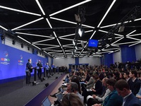 A joint press conference is held by Ursula Von Der Leyen, President of the European Commission, Charles Michel, President of the European Co...