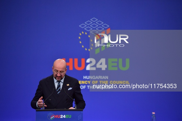 A joint press conference is held by Ursula Von Der Leyen, President of the European Commission, Charles Michel, President of the European Co...