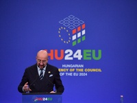 A joint press conference is held by Ursula Von Der Leyen, President of the European Commission, Charles Michel, President of the European Co...