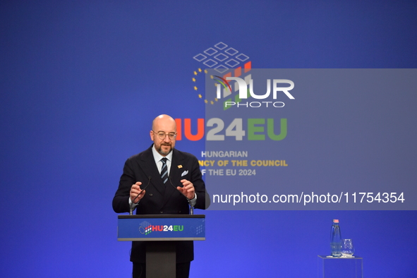 A joint press conference is held by Ursula Von Der Leyen, President of the European Commission, Charles Michel, President of the European Co...