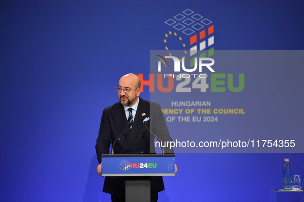 A joint press conference is held by Ursula Von Der Leyen, President of the European Commission, Charles Michel, President of the European Co...