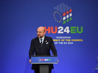 A joint press conference is held by Ursula Von Der Leyen, President of the European Commission, Charles Michel, President of the European Co...