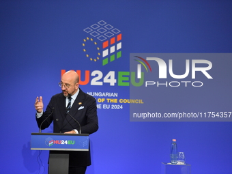 A joint press conference is held by Ursula Von Der Leyen, President of the European Commission, Charles Michel, President of the European Co...