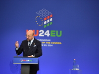 A joint press conference is held by Ursula Von Der Leyen, President of the European Commission, Charles Michel, President of the European Co...