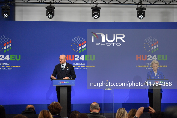 A joint press conference is held by Ursula Von Der Leyen, President of the European Commission, Charles Michel, President of the European Co...