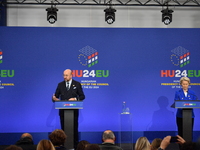 A joint press conference is held by Ursula Von Der Leyen, President of the European Commission, Charles Michel, President of the European Co...