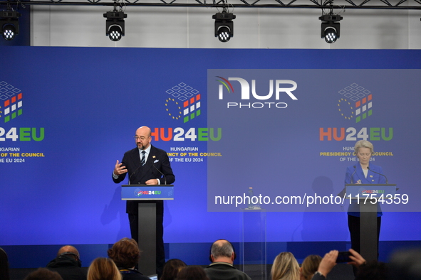 A joint press conference is held by Ursula Von Der Leyen, President of the European Commission, Charles Michel, President of the European Co...