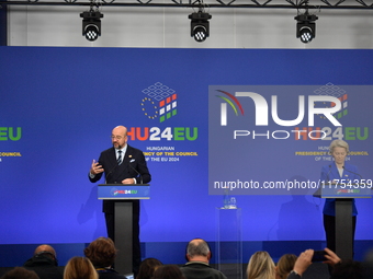 A joint press conference is held by Ursula Von Der Leyen, President of the European Commission, Charles Michel, President of the European Co...