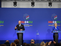 A joint press conference is held by Ursula Von Der Leyen, President of the European Commission, Charles Michel, President of the European Co...