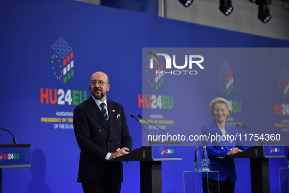 A joint press conference is held by Ursula Von Der Leyen, President of the European Commission, Charles Michel, President of the European Co...