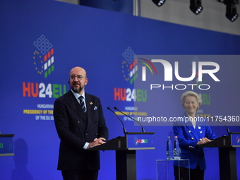 A joint press conference is held by Ursula Von Der Leyen, President of the European Commission, Charles Michel, President of the European Co...