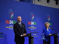 A joint press conference is held by Ursula Von Der Leyen, President of the European Commission, Charles Michel, President of the European Co...