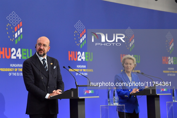 A joint press conference is held by Ursula Von Der Leyen, President of the European Commission, Charles Michel, President of the European Co...