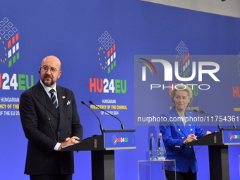 A joint press conference is held by Ursula Von Der Leyen, President of the European Commission, Charles Michel, President of the European Co...